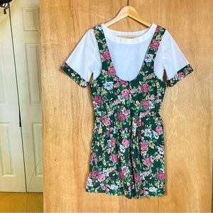 Vintage Handcrafted Green Floral Cotton Shorts Romper 2 Piece Set Summer S?